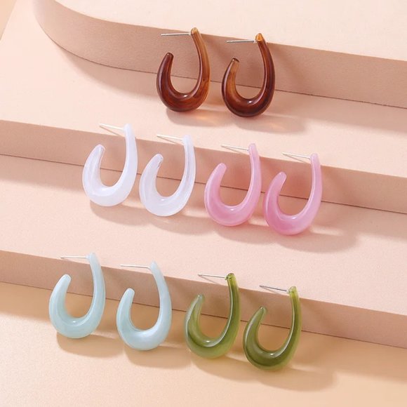 Retro Brown Resin Acrylic Oblong Oval U-Shape  Hoop Earrings NEW - Picture 3 of 6